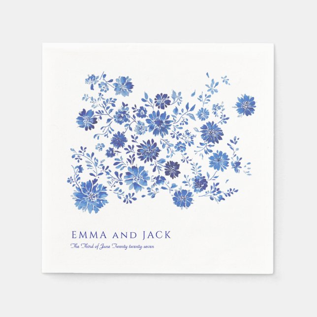 Blue Chinoiserie Floral Wedding names and date Napkins (Front)