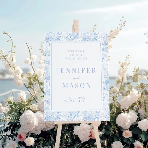 Blue chinoiserie floral wedding welcome sign