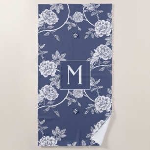 Blue Chinoiserie Flowers and Birds Monogram Beach Towel