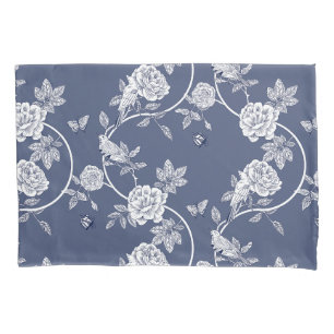 Blue Chinoiserie Flowers and Birds Pillow Case