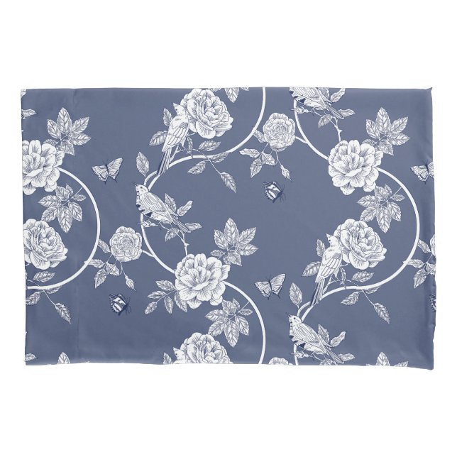 Blue Chinoiserie Flowers and Birds Pillow Case (Front)
