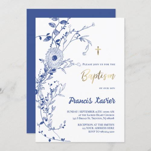 blue chinoiserie flowers  Baptism Invitation