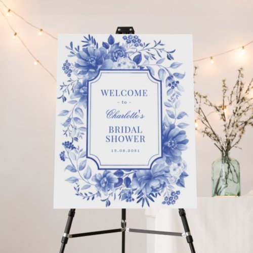Blue Chinoiserie Flowers Bridal Shower Welcome Foam Board