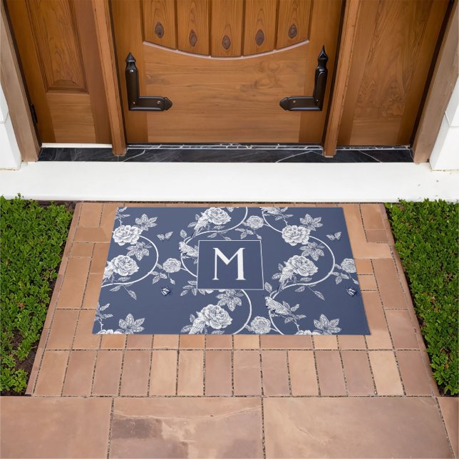 Blue Chinoiserie Flowers Monogram Doormat (Outdoor)