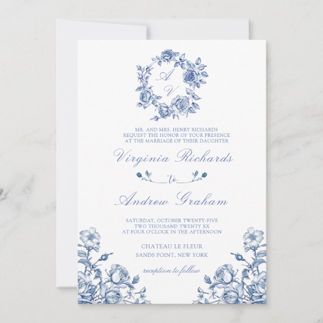 Blue Chinoiserie French Vintage Monogram Wedding Invitation (Front)