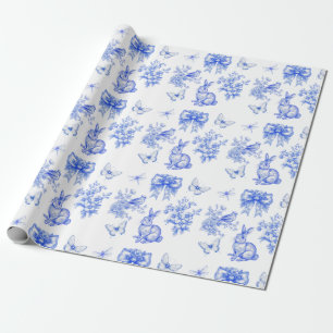 Blue Chinoiserie Garden Rabbit Wrapping Paper
