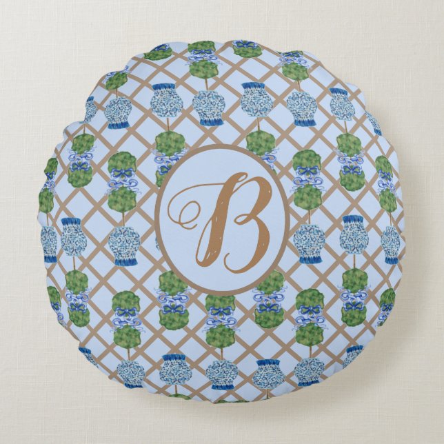 Blue Chinoiserie Ginger Jar Jars Topiary basket Round Pillow (Front)
