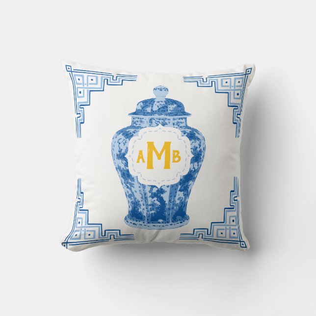 Blue Chinoiserie Ginger Jar Monogram Throw Pillow (Front)