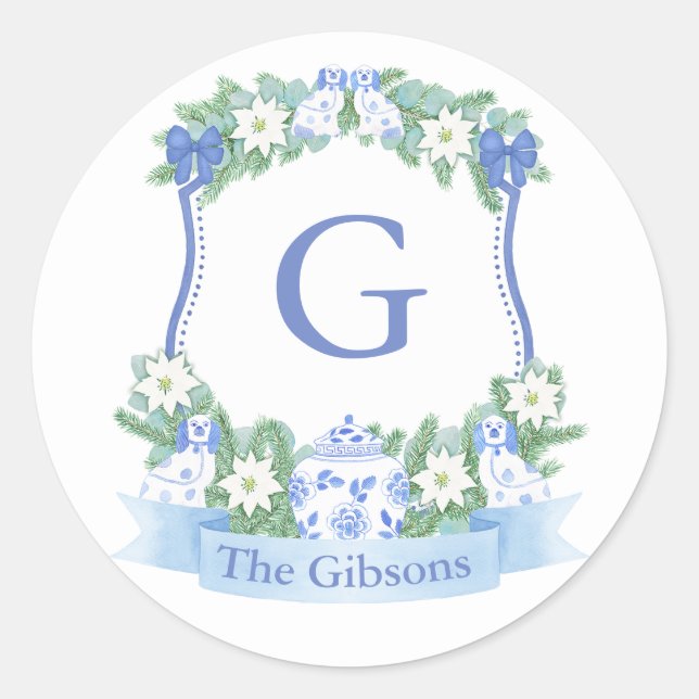 Blue Chinoiserie Holidays Crest Envelope Seal (Front)