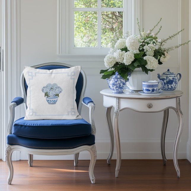 Blue Chinoiserie Hydrangea Grandmillennial  Throw Pillow (Creator Uploaded)