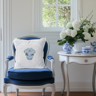 Blue Chinoiserie Hydrangea Grandmillennial Throw Pillow