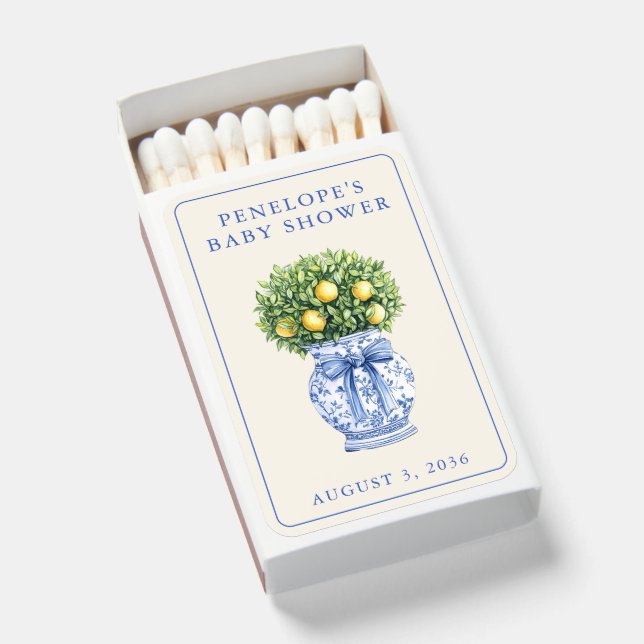 Blue Chinoiserie Lemon Baby Shower Favor  Matchboxes (Front Open)