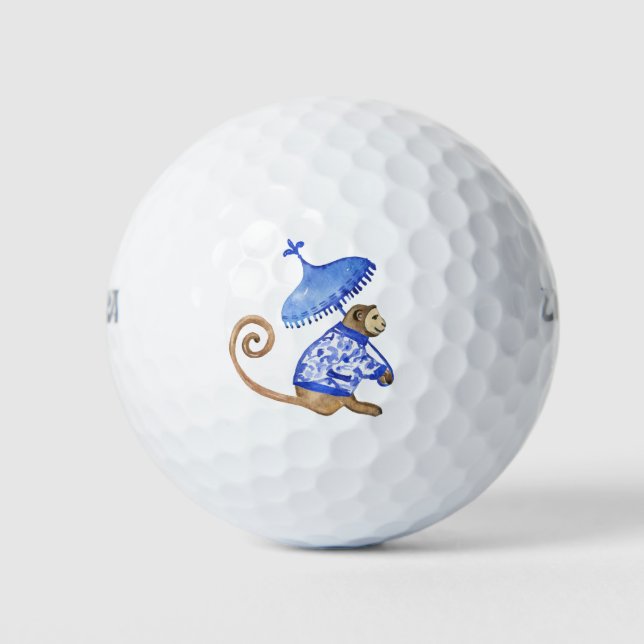 Blue chinoiserie monkey golf ball (Front)