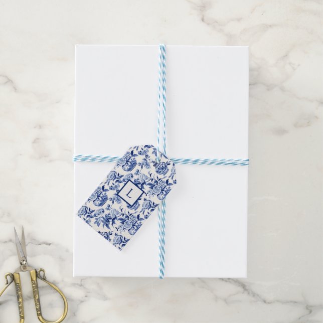 Blue Chinoiserie Monogram  Gift Tags (With Twine)