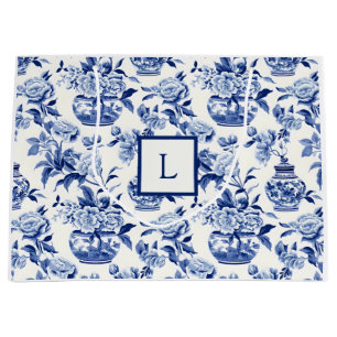 Blue Chinoiserie Monogram  Large Gift Bag
