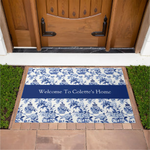 Blue Chinoiserie Monogram Name Doormat