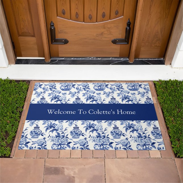 Blue Chinoiserie Monogram Name Doormat (Outdoor)