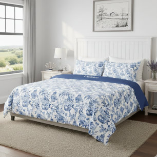 Blue Chinoiserie Monogram Name Duvet Cover