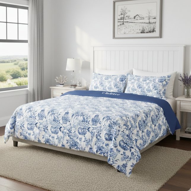 Blue Chinoiserie Monogram Name Duvet Cover (Creator Uploaded)