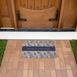 Blue Chinoiserie Monogram Name Fiber Doormat