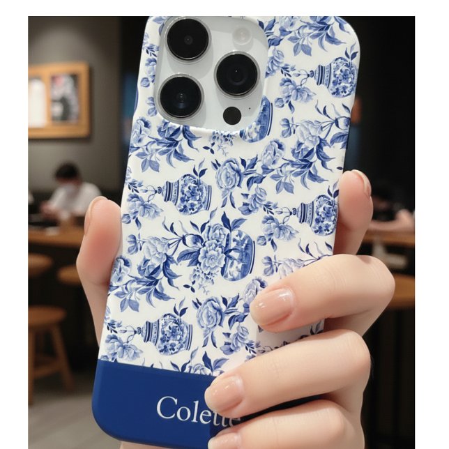 Blue Chinoiserie Monogram Name iPhone Case (Creator Uploaded)