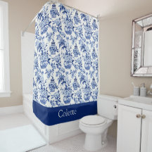 Blue Chinoiserie Monogram Name Shower Curtain