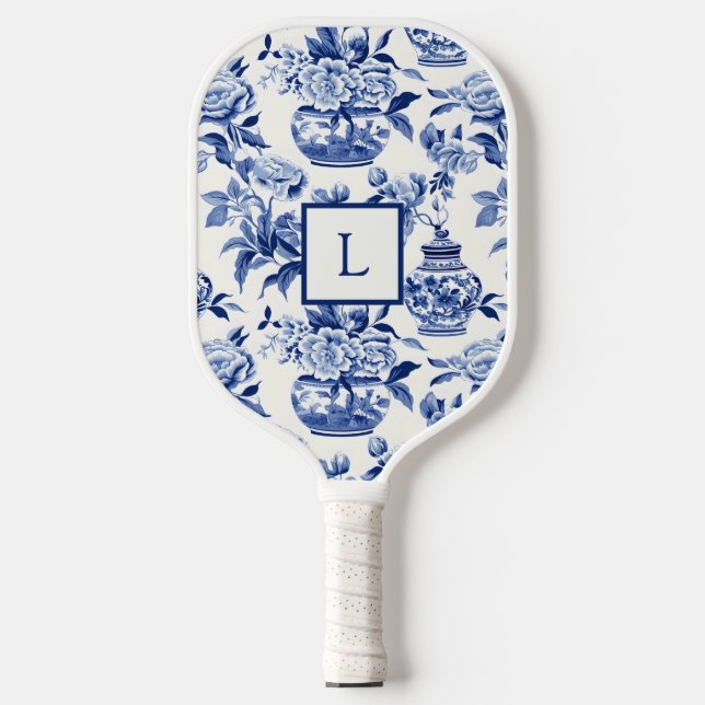 Blue Chinoiserie Monogram  Pickleball Paddle (Front)