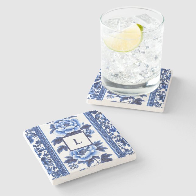 Blue Chinoiserie Monogram  Stone Coaster (Side)