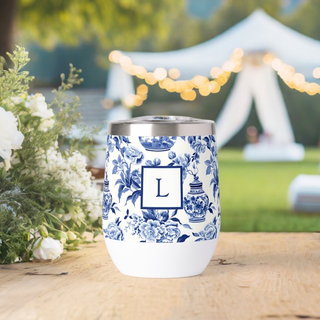 Blue Chinoiserie Monogram  Thermal Wine Tumbler (Wedding (Rotated))