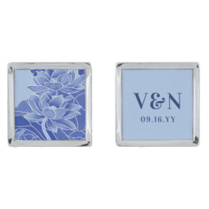 Blue Chinoiserie Monogram Wedding Anniversary Gift Cufflinks
