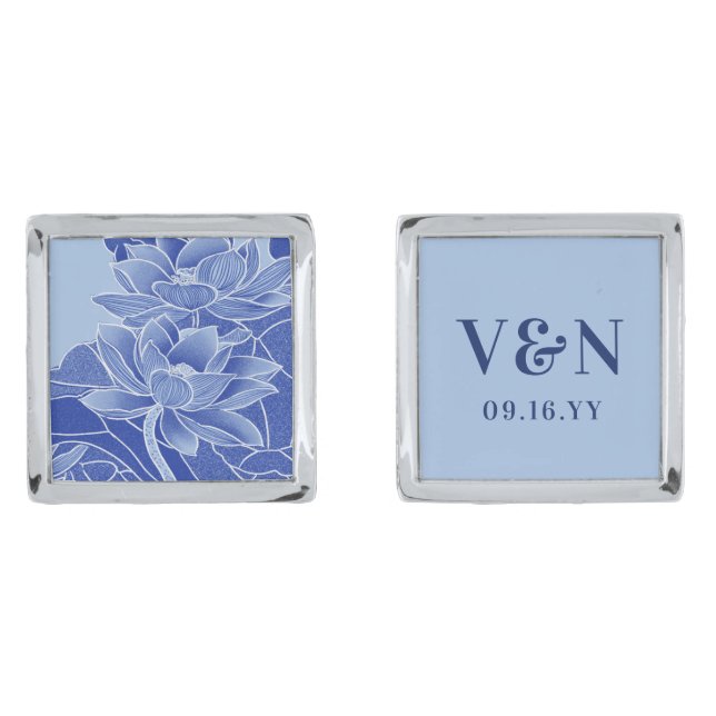 Blue Chinoiserie Monogram Wedding Anniversary Gift Cufflinks (Front)