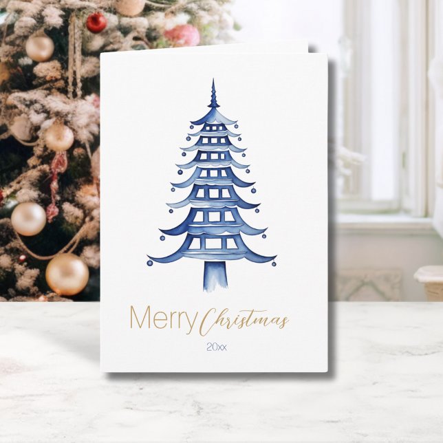 Blue Chinoiserie Pagoda Christmas Tree  Card (Blue Chinoiserie Pagoda Christmas Tree Card)