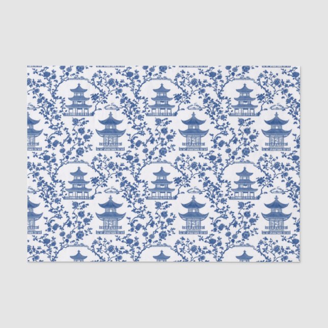 Blue Chinoiserie Pagodas Toile Tissue Paper (Front)