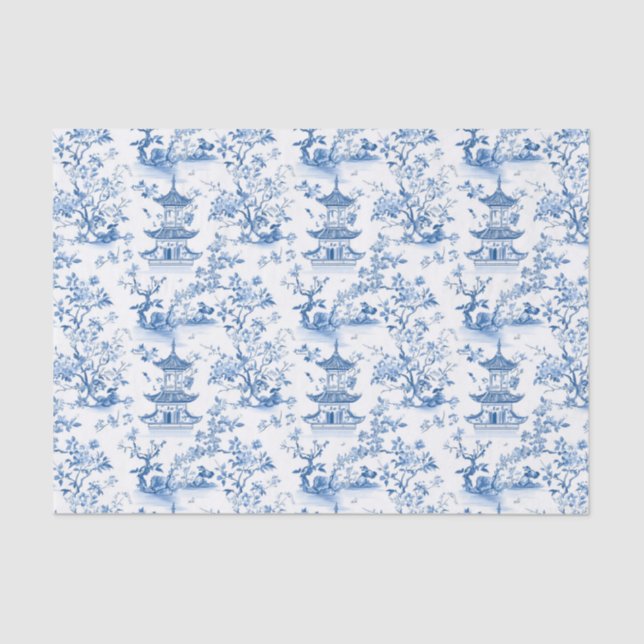 Blue Chinoiserie Pagodas Toile Tissue Paper (Front)
