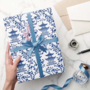 Blue Chinoiserie Pagodas Toile Wrapping Paper