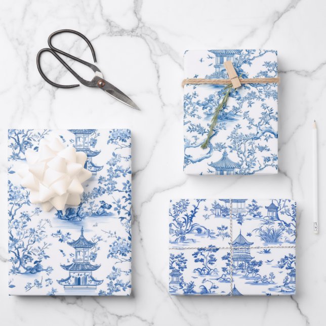 Blue Chinoiserie Pagodas Toile Wrapping Paper Sheets (Front)