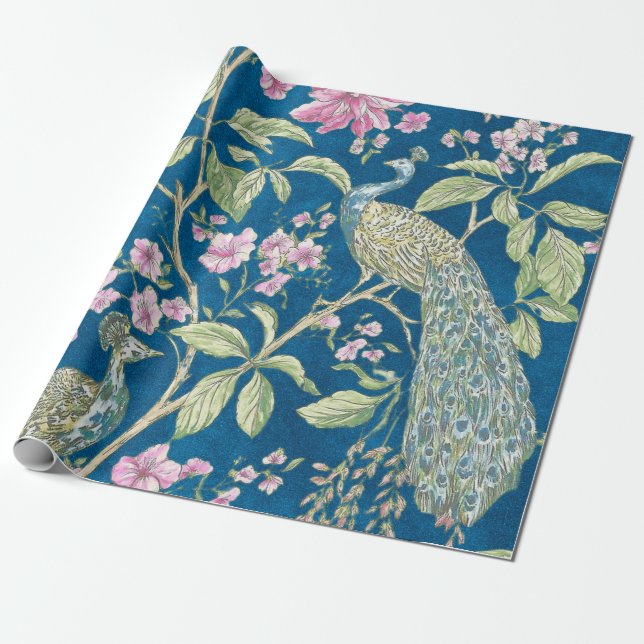 Blue Chinoiserie peacock floral decoupage Wrapping Paper (Unrolled)