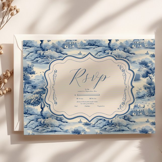 Blue Chinoiserie Porcelain Botanical Peony Wedding RSVP Card (Creator Uploaded)