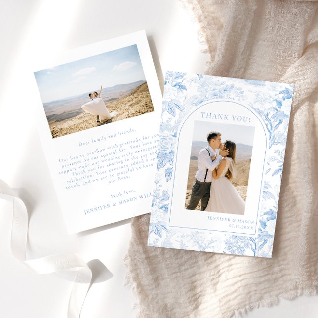 Blue Chinoiserie porcelain floral Wedding photo  Thank You Card (Creator Uploaded)