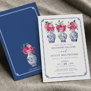 Blue Chinoiserie Porcelain Pink Peonies Wedding Invitation