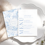 Blue chinoiserie porcelain wedding menu cards<br><div class="desc">Enhance your timeless wedding celebration with an elegant menu card. Showcasing a delicate pattern of white and light blue flowers,  this refined design is complemented by a personalized touch—the bride and groom monogram on the back,  creating a memorable and distinctive element for your special day.</div>