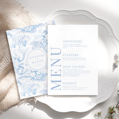 Blue chinoiserie porcelain wedding menu cards