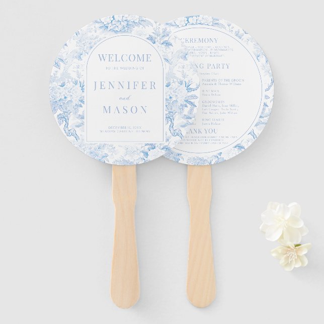 Blue Chinoiserie Porcelain Wedding Program Hand Fan (Front and Back)