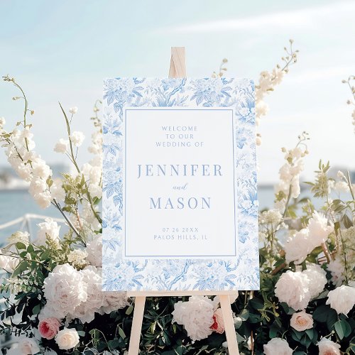 Blue chinoiserie porcelain wedding welcome sign