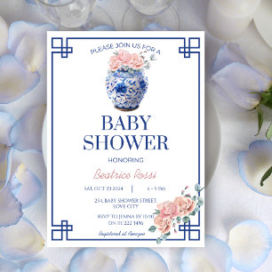 Blue Chinoiserie Preppy Ginger Jar Baby Shower Invitation