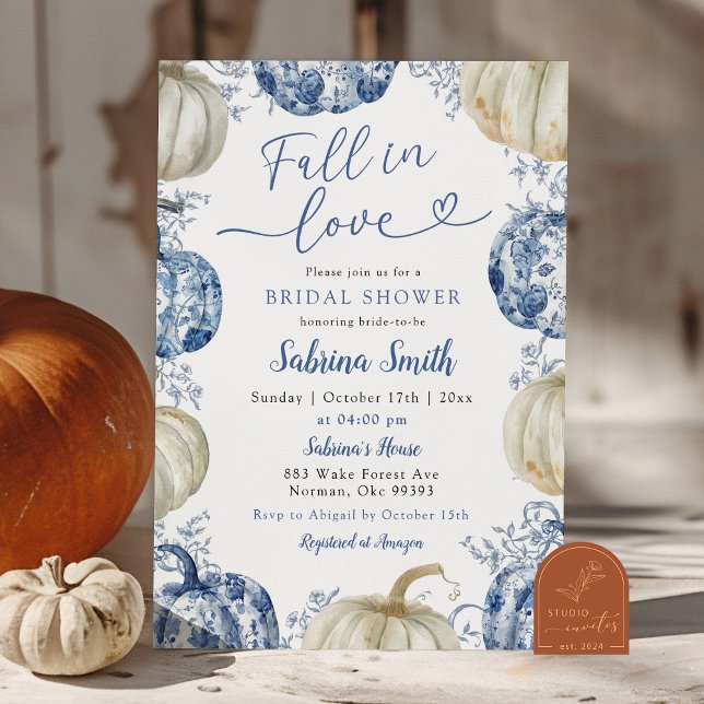 Blue Chinoiserie Pumpkin Fall in Love Shower Invitation (Creator Uploaded)