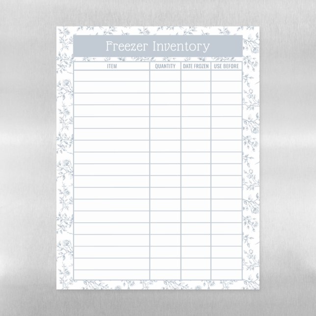 Blue Chinoiserie Roses Freezer Inventory Magnetic Dry Erase Sheet (Vertical)