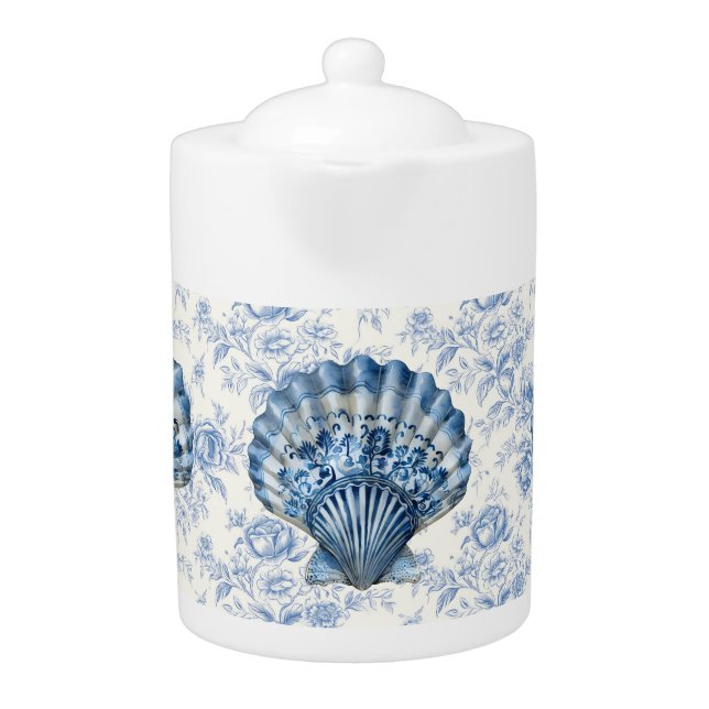 Blue Chinoiserie Shell Porcelain Teapot (Front)