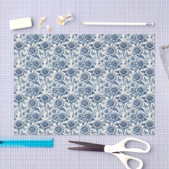 Blue Chinoiserie Sunflowers Butterflies Decoupage Tissue Paper (Craft)