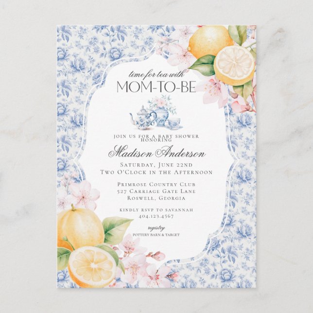 Blue Chinoiserie Tea Party Baby Shower Toile Postcard (Front)